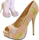 New women's shoes peep toe evening stilettos taupe prom party rhinestones