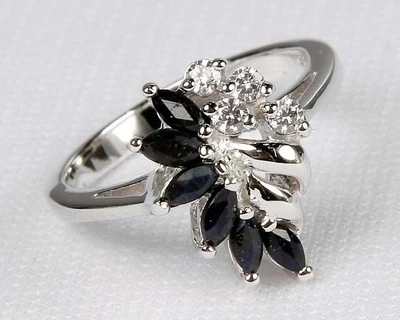 New Avon Sterling Silver Genuine BLACK SAPPHIRE Marquise Ring - Sz 5 6 7 8 or 9 - Image 1 of 4