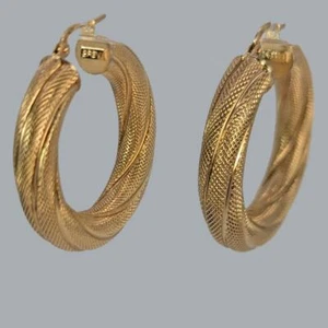UnoAerre HOOP EARINGS 9ct Gold Spiral Textured Vintage Italian Earrings 3.3cms - Picture 1 of 7