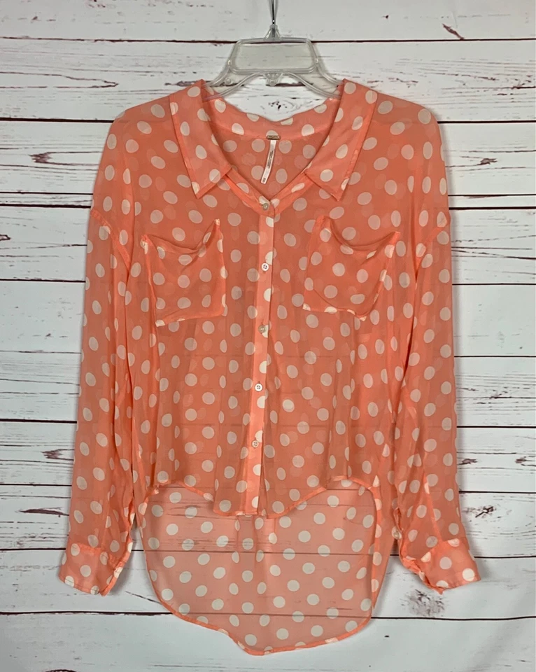 Blusa Top Free People Para Mujer XS Extra Pequeña Blanco Melocotón Lunares Manga Larga Foto 1 de 4