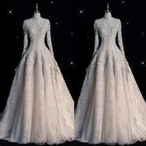 Mid Century Long Sleeves Wedding Dresses High Neck Lace Appliques Bridal Gowns - Picture 1 of 9