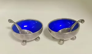 2 vintage Georg Jensen signed Sterling Salt Cellars W/Spoon cobalt blue enamel - Picture 1 of 7