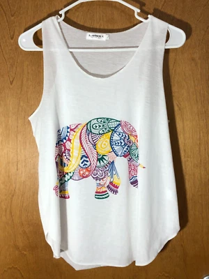 L.A. Soul XL White Sleeveless Tank Top Colorful Elephant Shirt Art to Wear Gauze - Image 1 of 4
