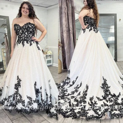 Gothic Wedding Dresses Black White Glitter Lace Plus Size Sweep TrainBridal Gown - Image 1 of 4
