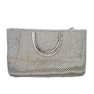 Vintage 50s Womens Clutch Purse Formal Party Beaded Evening Double Handle Silver - Picture 1 of 4