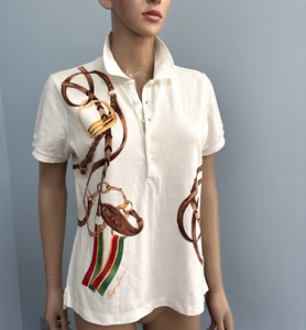 Vintage RALPH LAUREN Skinny White Equestrian Print Polo Shirt Sz XL UK12 CH42" - Picture 1 of 6