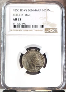 1856 DENMARK SILVER 16 SKILLING FREDERIK VII NGC AU 53 SCARCE HIGH GRADE - Picture 1 of 3