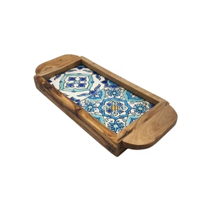 Kamsah Tunisian Blue Ceramic Tile 10.75x4.5 Olive Wood Serving Tray with Handles - Picture 1 of 7