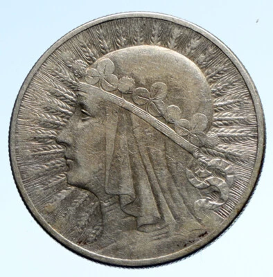 Moneda de 10 zlotych de plata antigua polaca de la reina Jadwiga y águila de Polonia de 1932 i95713 Foto 1 de 3