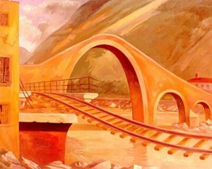 Madallena Bridge, Italy – Ludwig Mactarian 1944 Italian Arno River Orange Red - Picture 1 of 2