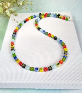 925 Sterling Silver Necklace Millefiori flowers multicoloured - Picture 1 of 4