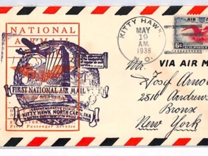 USA Air Mail Cover 1938 Kitty Hawk NORTH CAROLINA New York {samwells}YV273 - Picture 1 of 12