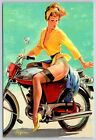 Postkarte blond freche Frau Pinup on rot Motorrad gelb Reißverschluss Top riskant