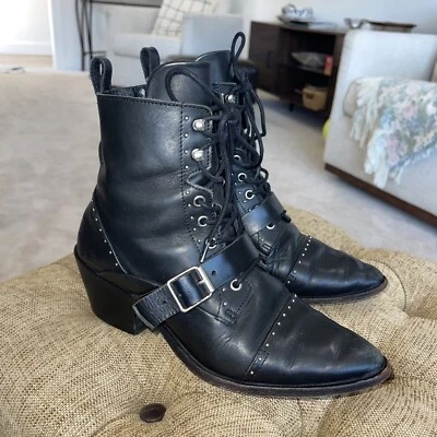 ALLSAINTS Katy 尺寸 39 8 黑色镶嵌尖头扣踝靴 巫婆旗帜 — 第 1/4 张图片