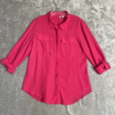 NEW Cato Top Women Medium Pink Button Up Blouse Collared Roll-Tab Sleeve Chiffon — 第 1/4 张图片