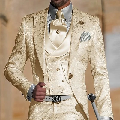 Conjuntos de traje florales de cachemira para hombre 3 piezas calce ajustado graduación novio esmoquin pico solapa negocios Foto 1 de 4