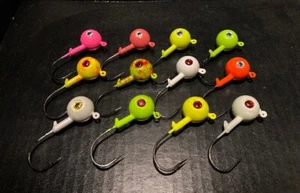 10 Pack Round Gulp Ball Jigs W/ 3-D Eyes from 3/4oz to 10oz Black Nickel Hooks - Picture 1 of 25