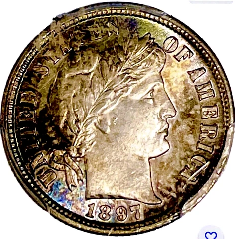 1897 Barber Dime PCGS MS-65, CAC, Gold Toning, Pop 45, Scarce In Grade Cover
