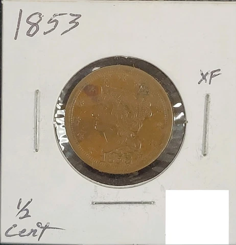 1853 Braided Hair Half Cent XF EF Extremely Fine Details Copper Penny 1/2Β’ Coin Cover