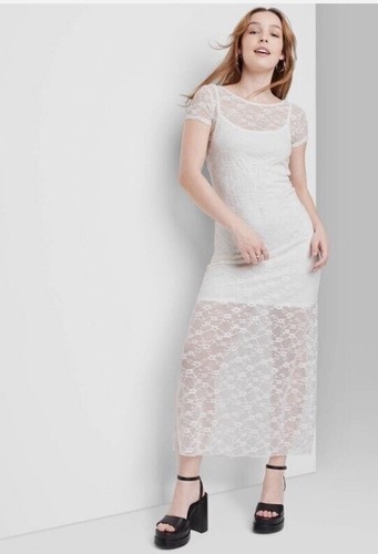 OFF WHITE Maxi abito lungo in pizzo bianco sporco Wild Fable taglia XXS nuovo con etichetta