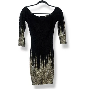 VTG Cameo Black Gold Dress Size S Metallic Party Cocktail 80s Glam USA Bodycon - Picture 1 of 9