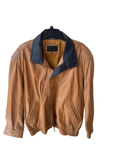 VTG Fabiani Men’s Leather Jacket Tan Brown Black Collar Bomber Moto Western 90S - Picture 1 of 10