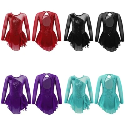 Kid Girl Dresses Shiny Leotard Teens Dancewear Long Sleeve Bodysuit Ice Skating - Image 1 of 4