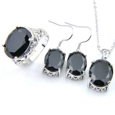 Classical Oval Cut 3 Pcs Black Onyx Gemstone Silver Pendant Earrings Rings Set - Image 1 of 4