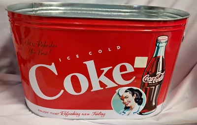 COCA-COLA COKE ICE BUCKET LARGE OVAL EMBOSSED METAL TIN PARTY TUB COOLER 16" - Image 1 of 3