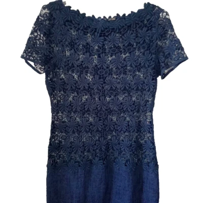 Vestido Vaina Elie Tahari Encaje Para Mujer Talla 4 Azul Marino Crochet Floral Transparente Manga Corta Foto 1 de 4