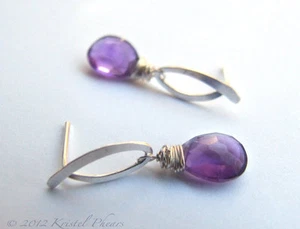 Amethyst Earrings - Solid sterling silver dangle post earrings handmade .925 - Picture 1 of 2