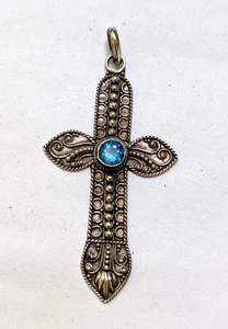 Colgante Cruz Filigrana Plata Esterlina Vintage Redondo Facetado Acento Aguamarina  - Imagen 1 de 6