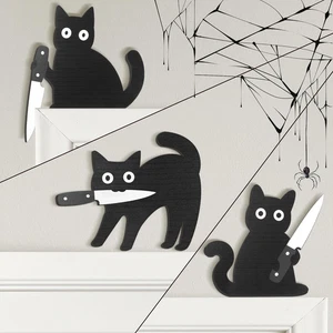 3pcs Black Cat Halloween Wall Decor Spooky Wooden Cats Entryway Shelf Gift - Picture 1 of 7
