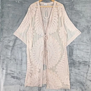 Womens Kimono Small Floral Sheer Lace Duster Boho Hippie Cottage Vacation Beachy - Picture 1 of 7