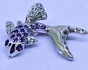925 Sterling Silver Koi Fish Peridot and Amethyst Green Enamel Pin - Picture 1 of 6
