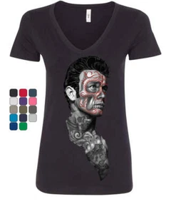 Tattoed Face Guy V-Neck T-Shirt Day of the Dead Calavera - Picture 1 of 11