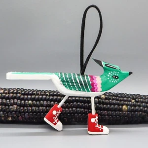 NAVAJO FOLK ART-GREEN ROADRUNNER WITH RED TENNIS SHOES ORNAMENT by MONTY BEGAYE - Picture 1 of 4