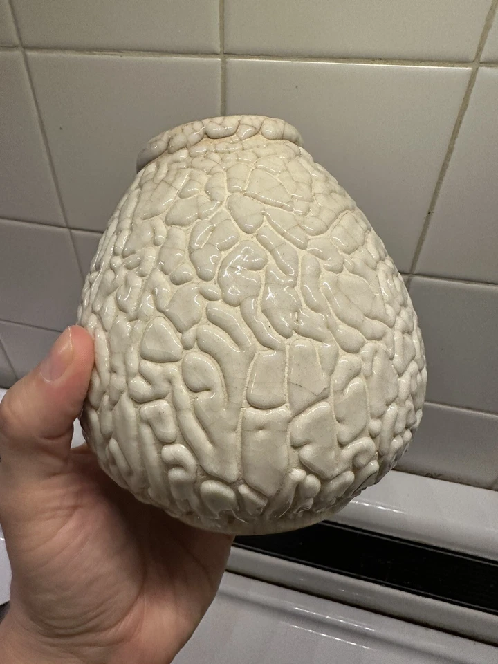 Jarrón de cerámica japonés Awaji de principios del siglo XX vermiculado cuajado blanco Mansudo Foto 1 de 4