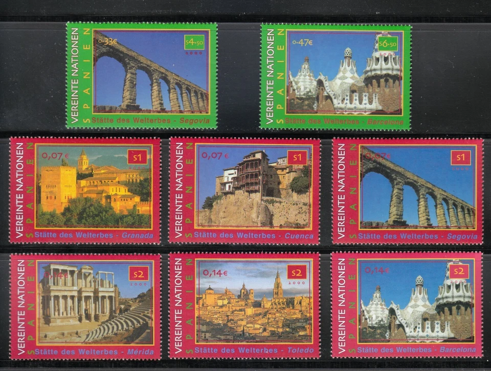 U.N. Vienna 2000 MNH Mi 317-324 Sc 279-281a-f World Heritage, Spain ** - Image 1 of 1