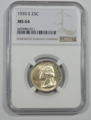 1935-S Washington Quarter CERTIFIED NGC MS 64 Silver 25c - Image 1 of 4