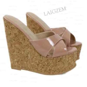 Women Pumps Platform Wedges Shiny Slip On Sandals Handmade Ladies Female Mules - Picture 1 of 5