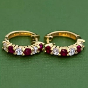 2Ct Round Cut Lab Created Red Ruby Huggie Hoop Earring 14K Yellow Gold Finish - Picture 1 of 5