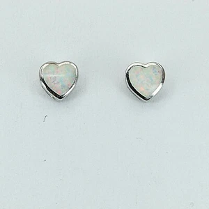 Unique FIRE OPAL White Heart Stud Post Earrings 925 STERLING SILVER Rhodium 601 - Picture 1 of 3