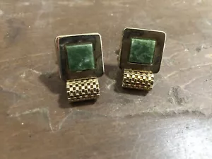 Vintage Swank Gold Tone Green Jade Cabochon Mesh Wrap Cuff links - Picture 1 of 3