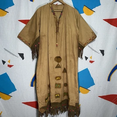 Antique 20s 30s Native Gown Leather Fringe Beads Patches Campfire Girls Navajo - Image 1 of 4