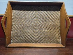 Large 25x20 Wood and Rattan Woven Serving Tray with Handles Vintage Farmhouse - Picture 1 of 9