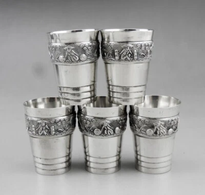 5 verres gobelets à liqueur ou vodka en argent massif vietnam ou cambodge 112.7G - Photo 1/4