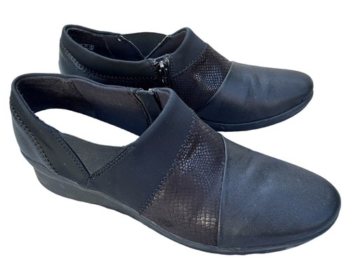 Scarpa Clarks Cloudsteppers Caddell Denali TAGLIA 10 comoda zip pelle nera zeppa