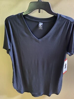 Camiseta negra de manga corta acanalada con cuello en V Sketchers Go Walk para mujer nueva con etiquetas, mediana Foto 1 de 4