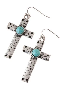 Hammered Look Cross with center round turquoise Dangle Earrings~NEW! - Picture 1 of 1